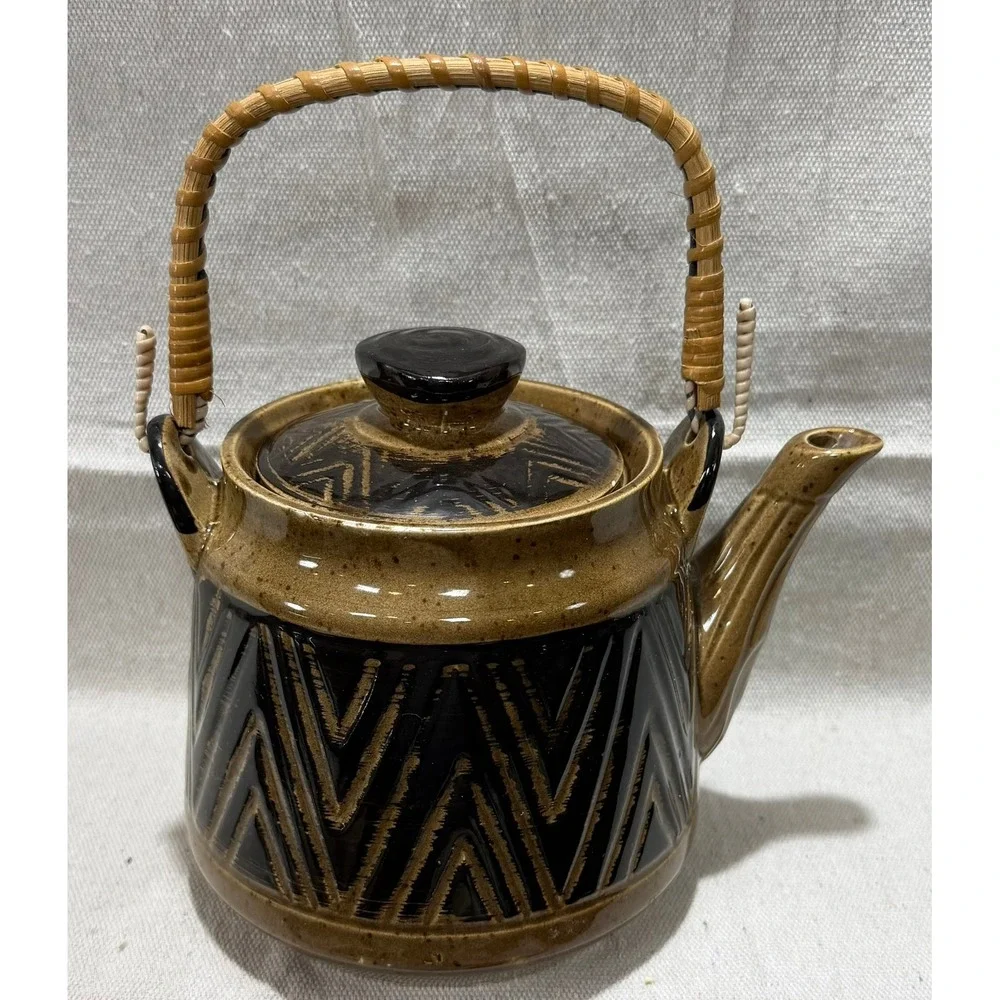 Vintage Japanese Ceramic Teapot Woven Bamboo Handle Brown Geometric MCM Japan